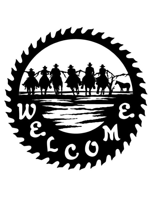 Metal Welcome Sign | Circular Saw Blade Cowboys on Horses